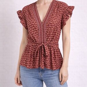 Max Studio Floral V-Neck Peplum Blouse Tie Waist Ruffle Sleeve Size M